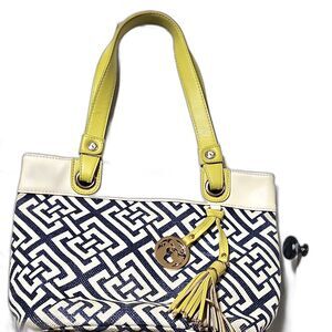Spartina 449 Shoulder Bag Ivory Navy Yellow Geometric Pattern Tassel Charm